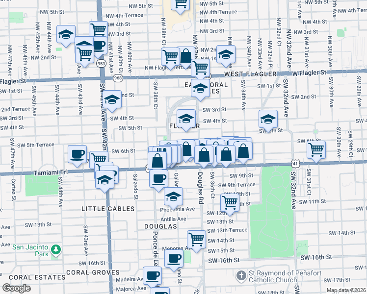 map of restaurants, bars, coffee shops, grocery stores, and more near 35 Veragua Avenue in Coral Gables