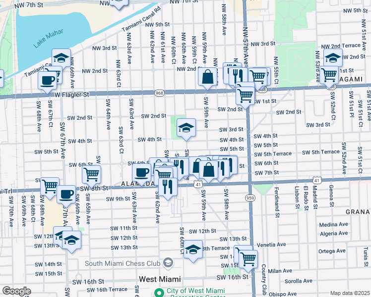 map of restaurants, bars, coffee shops, grocery stores, and more near 444 Southwest 60th Avenue in Miami