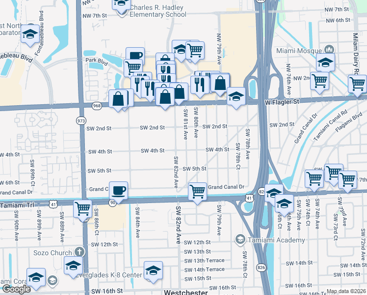 map of restaurants, bars, coffee shops, grocery stores, and more near 255 Southwest 82nd Avenue in Miami