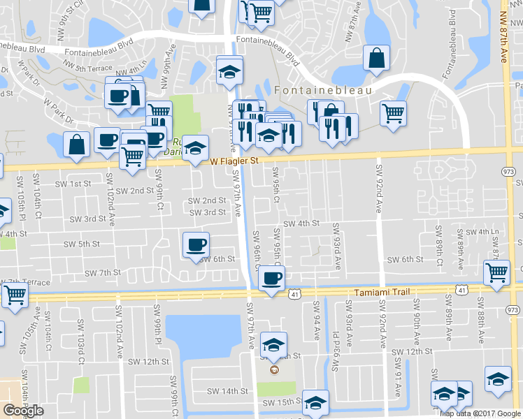 map of restaurants, bars, coffee shops, grocery stores, and more near 9613 Southwest 4th Street in Miami