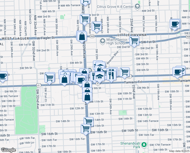 map of restaurants, bars, coffee shops, grocery stores, and more near 627 Florida 9 in Miami