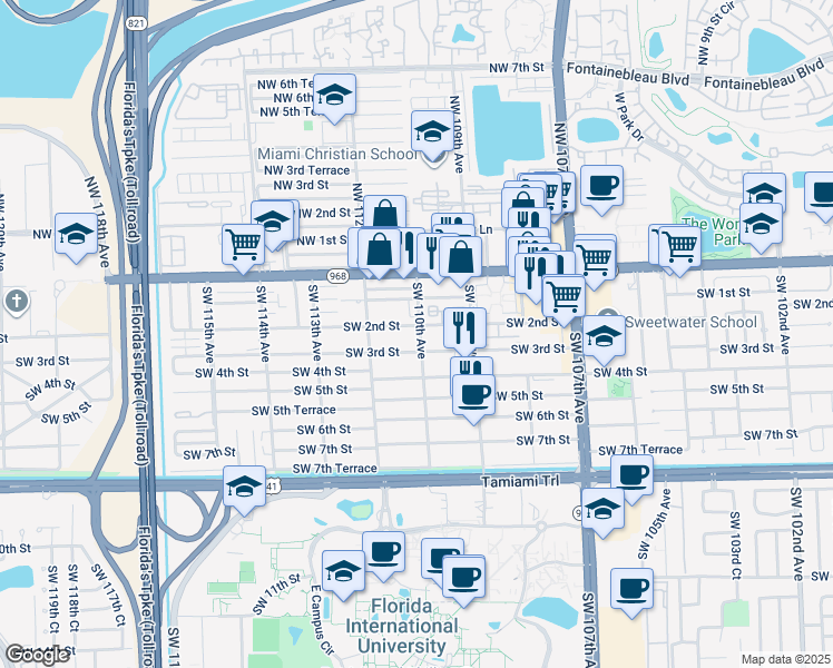 map of restaurants, bars, coffee shops, grocery stores, and more near 120 Southwest 109th Avenue in Miami