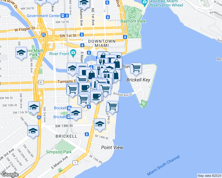 map of restaurants, bars, coffee shops, grocery stores, and more near 701 Brickell Avenue in Miami