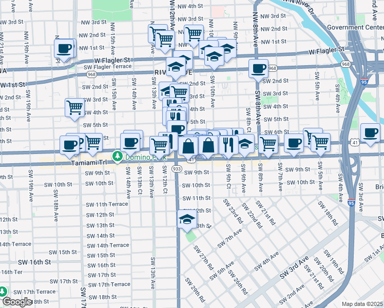 map of restaurants, bars, coffee shops, grocery stores, and more near 1057 Southwest 7th Street in Miami