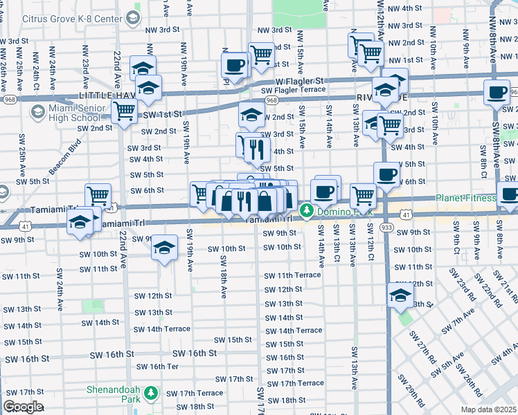 map of restaurants, bars, coffee shops, grocery stores, and more near in Miami