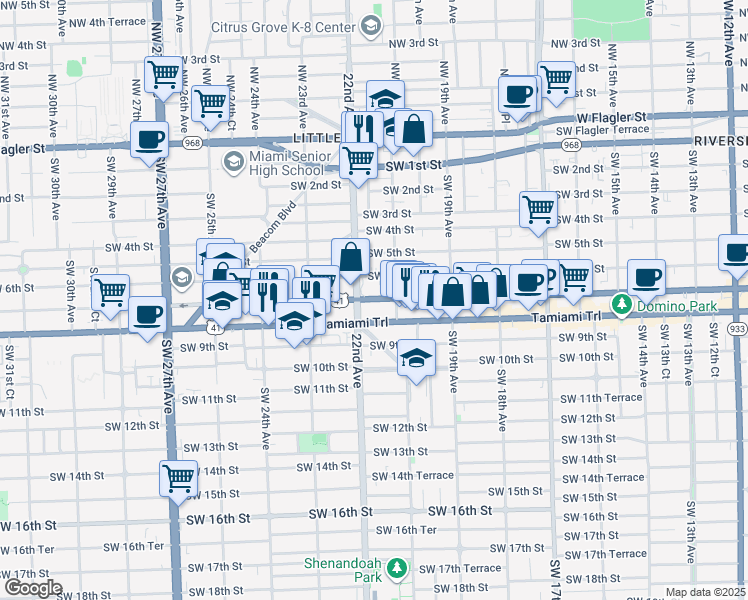 map of restaurants, bars, coffee shops, grocery stores, and more near 2144 Southwest 6th Street in Miami