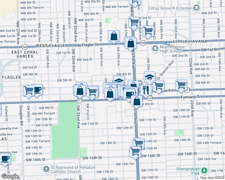 map of restaurants, bars, coffee shops, grocery stores, and more near 2975 Southwest 6th Street in Miami