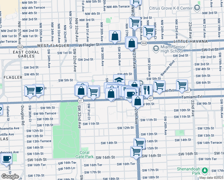 map of restaurants, bars, coffee shops, grocery stores, and more near 2975 Southwest 6th Street in Miami