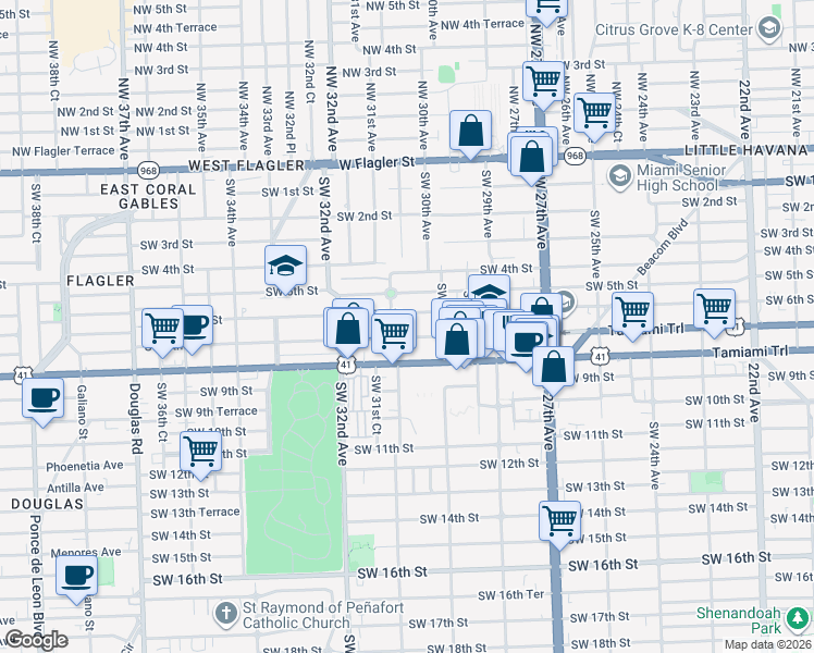 map of restaurants, bars, coffee shops, grocery stores, and more near 3039 Southwest 6th Street in Miami