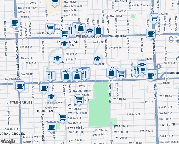 map of restaurants, bars, coffee shops, grocery stores, and more near 3300 Southwest 33rd Avenue in Miami