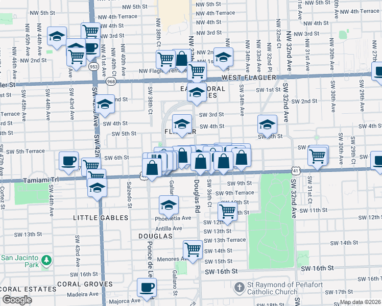 map of restaurants, bars, coffee shops, grocery stores, and more near 19 Montilla Avenue in Coral Gables