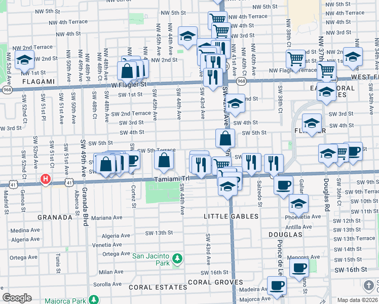 map of restaurants, bars, coffee shops, grocery stores, and more near 4350 Southwest 5th Street in Coral Gables