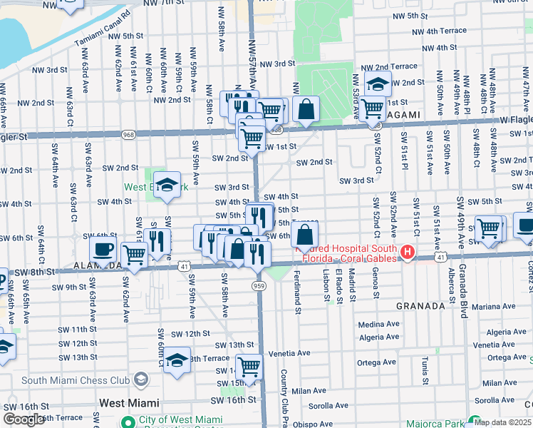 map of restaurants, bars, coffee shops, grocery stores, and more near 5690 Southwest 4th Street in Coral Gables