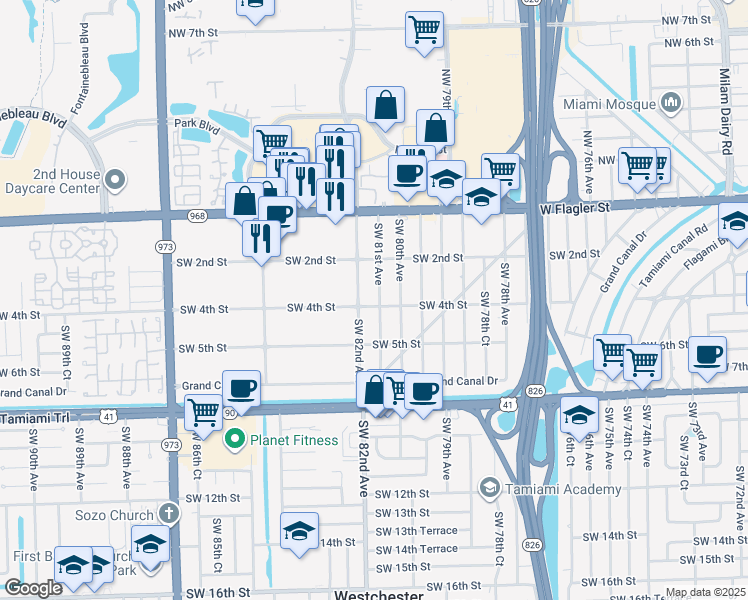 map of restaurants, bars, coffee shops, grocery stores, and more near 255 Southwest 82nd Avenue in Miami