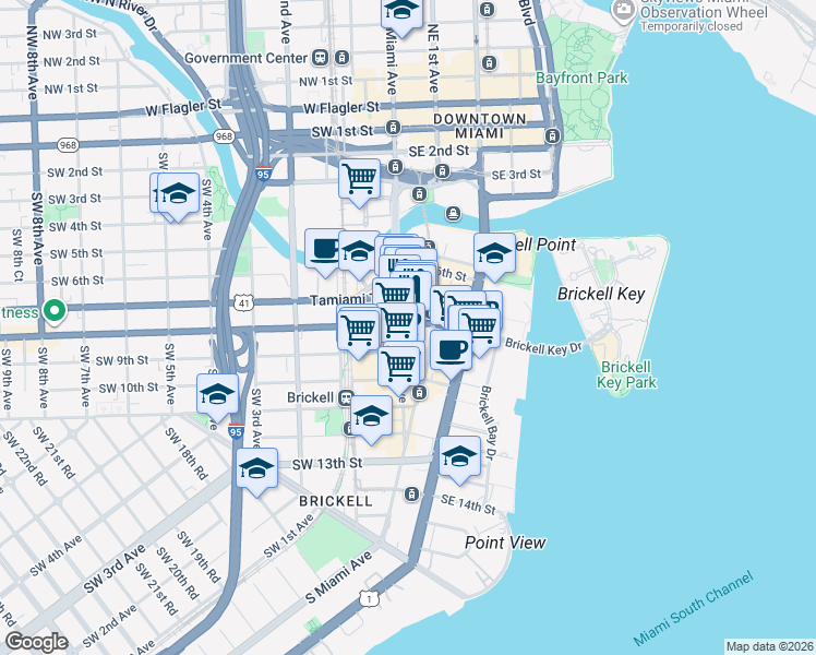 map of restaurants, bars, coffee shops, grocery stores, and more near 3 Southwest 8th Street in Miami