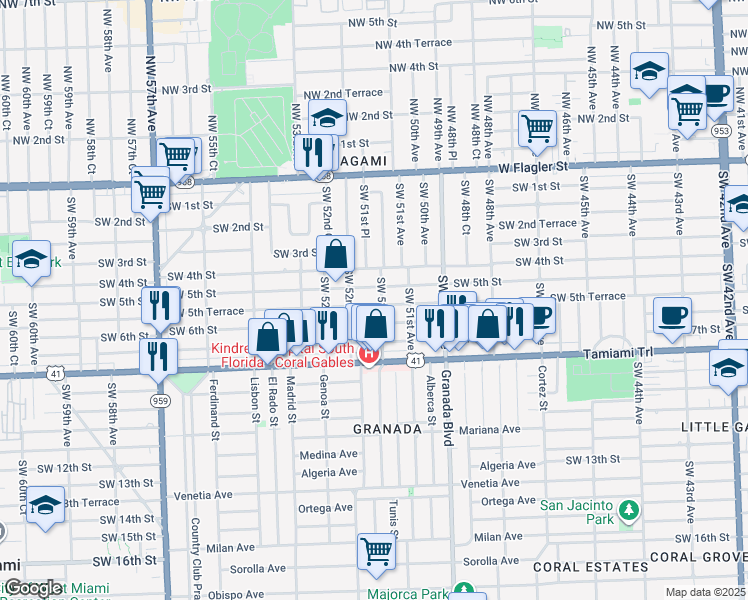 map of restaurants, bars, coffee shops, grocery stores, and more near 5159 Southwest 5th Terrace in Coral Gables