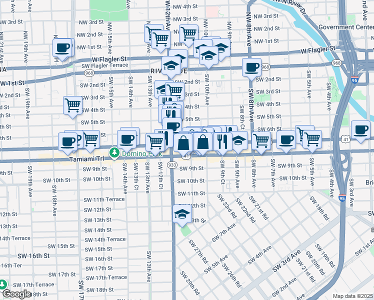 map of restaurants, bars, coffee shops, grocery stores, and more near 1057 Southwest 7th Street in Miami