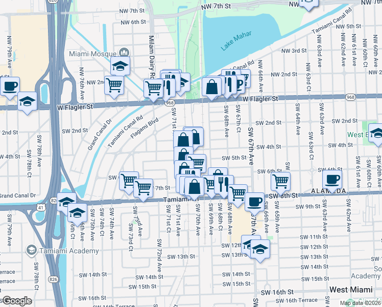 map of restaurants, bars, coffee shops, grocery stores, and more near 7001 Southwest 4th Street in Miami