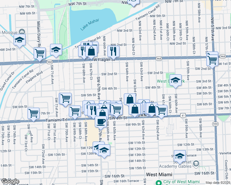 map of restaurants, bars, coffee shops, grocery stores, and more near 355 Southwest 64th Court in Miami