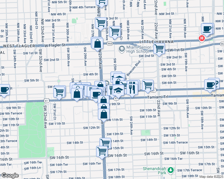 map of restaurants, bars, coffee shops, grocery stores, and more near 627 Florida 9 in Miami