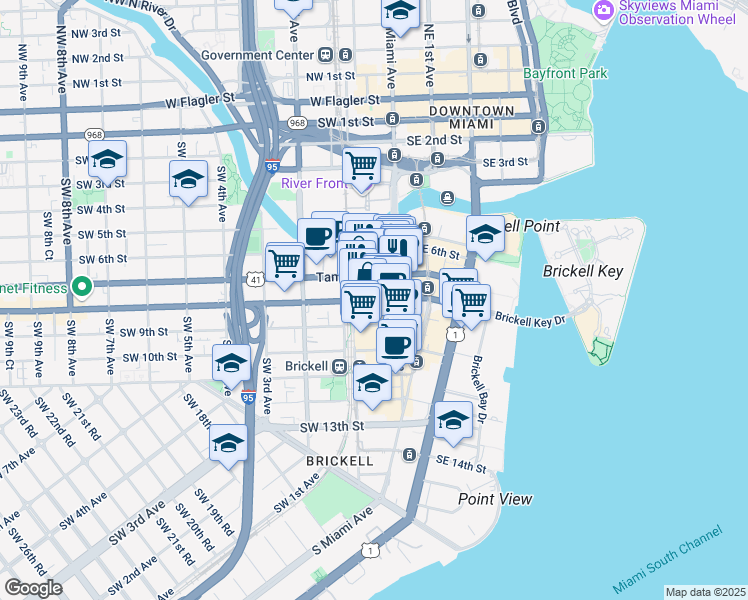 map of restaurants, bars, coffee shops, grocery stores, and more near 88 Southwest 7th Street in Miami