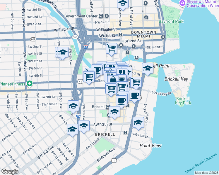 map of restaurants, bars, coffee shops, grocery stores, and more near 88 Southwest 7th Street in Miami
