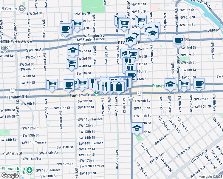 map of restaurants, bars, coffee shops, grocery stores, and more near 1341 Southwest 7th Street in Miami