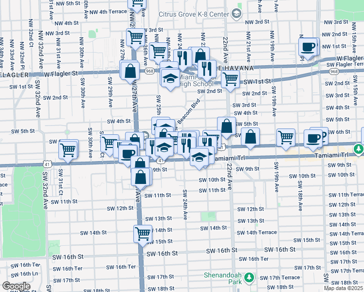 map of restaurants, bars, coffee shops, grocery stores, and more near 2400 Southwest 6th Street in Miami