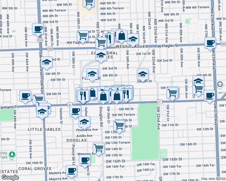 map of restaurants, bars, coffee shops, grocery stores, and more near 527 Southwest 36th Avenue in Miami