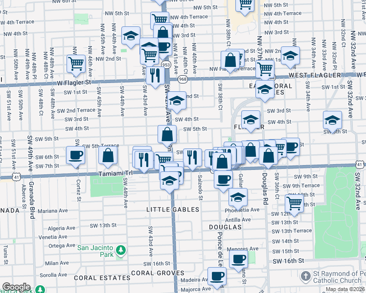 map of restaurants, bars, coffee shops, grocery stores, and more near 530 Southwest 40th Court in Coral Gables