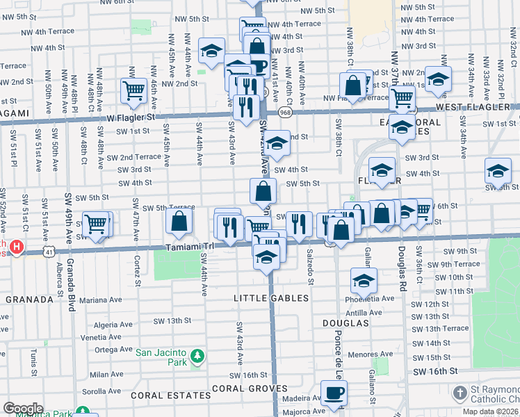 map of restaurants, bars, coffee shops, grocery stores, and more near 530 Southwest 42nd Avenue in Coral Gables