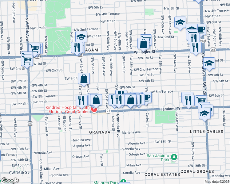 map of restaurants, bars, coffee shops, grocery stores, and more near 4891 Southwest 5th Street in Coral Gables