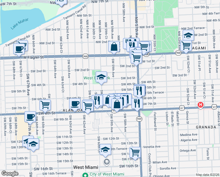 map of restaurants, bars, coffee shops, grocery stores, and more near 5915 Southwest 4th Street in Miami