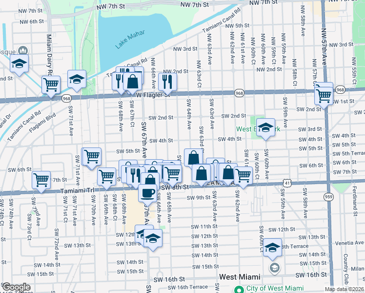 map of restaurants, bars, coffee shops, grocery stores, and more near 355 Southwest 64th Court in Miami
