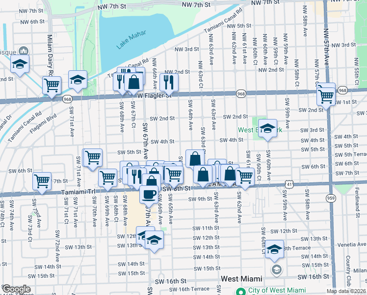 map of restaurants, bars, coffee shops, grocery stores, and more near 355 Southwest 64th Court in Miami