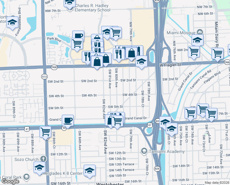 map of restaurants, bars, coffee shops, grocery stores, and more near 260 Southwest 80th Avenue in Miami