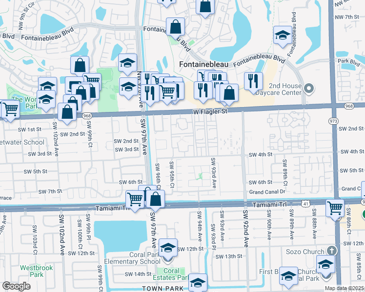 map of restaurants, bars, coffee shops, grocery stores, and more near 9401 Southwest 4th Street in Miami