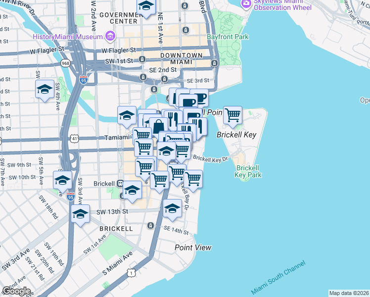 map of restaurants, bars, coffee shops, grocery stores, and more near 701 Brickell Avenue in Miami