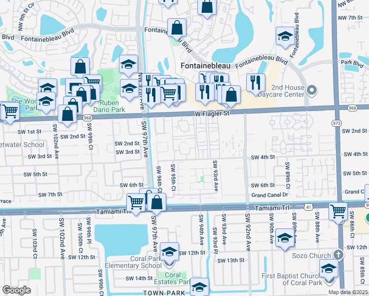 map of restaurants, bars, coffee shops, grocery stores, and more near 9441 Southwest 4th Street in Miami