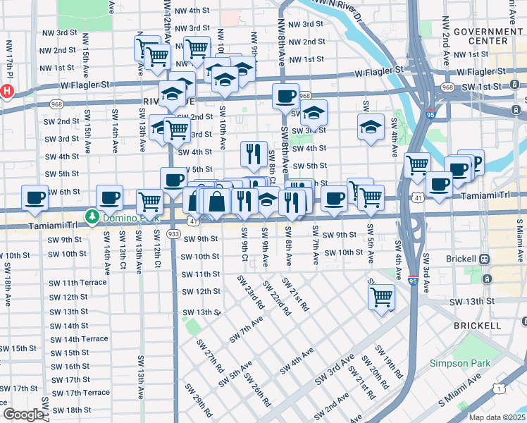 map of restaurants, bars, coffee shops, grocery stores, and more near 921 Southwest 8th Street in Miami