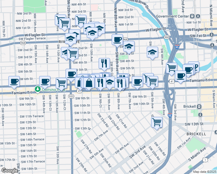 map of restaurants, bars, coffee shops, grocery stores, and more near 921 Southwest 8th Street in Miami