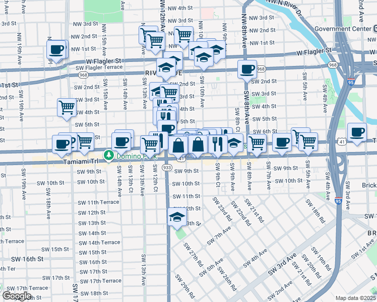 map of restaurants, bars, coffee shops, grocery stores, and more near 1057 Southwest 7th Street in Miami