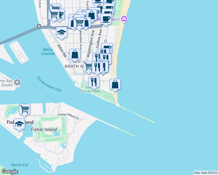 map of restaurants, bars, coffee shops, grocery stores, and more near 1718 Bay Road in Miami Beach