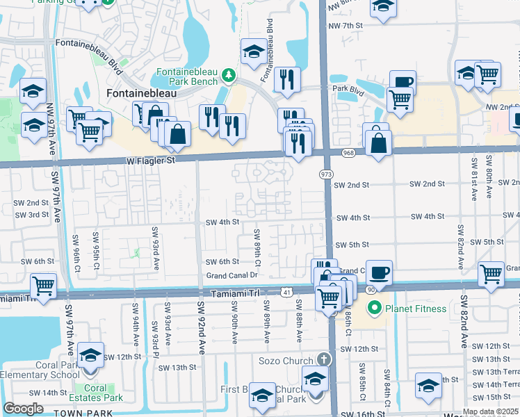 map of restaurants, bars, coffee shops, grocery stores, and more near 8882 West Flagler Street in Miami