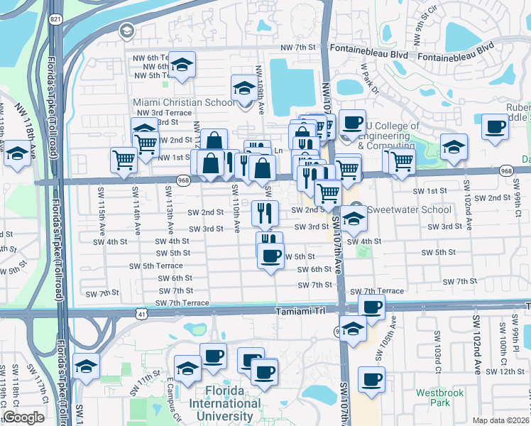map of restaurants, bars, coffee shops, grocery stores, and more near 144 Southwest 109th Avenue in Miami