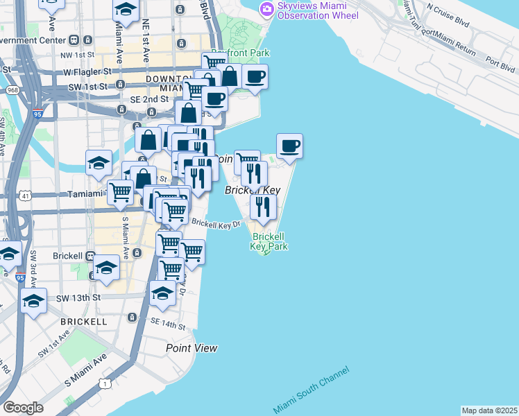 map of restaurants, bars, coffee shops, grocery stores, and more near 601 Brickell Key Drive in Miami