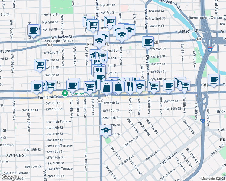 map of restaurants, bars, coffee shops, grocery stores, and more near 1057 Southwest 7th Street in Miami