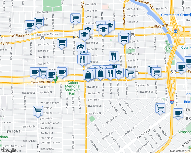 map of restaurants, bars, coffee shops, grocery stores, and more near 1057 Southwest 7th Street in Miami