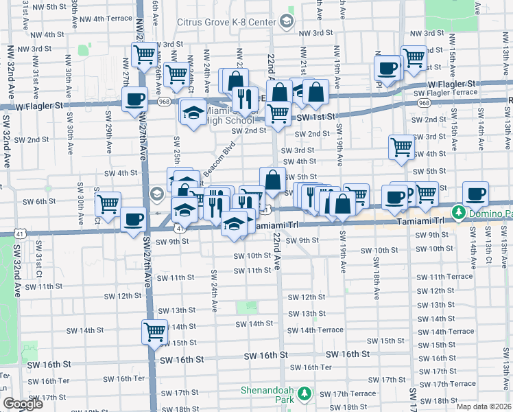 map of restaurants, bars, coffee shops, grocery stores, and more near 2264 Southwest 6th Street in Miami