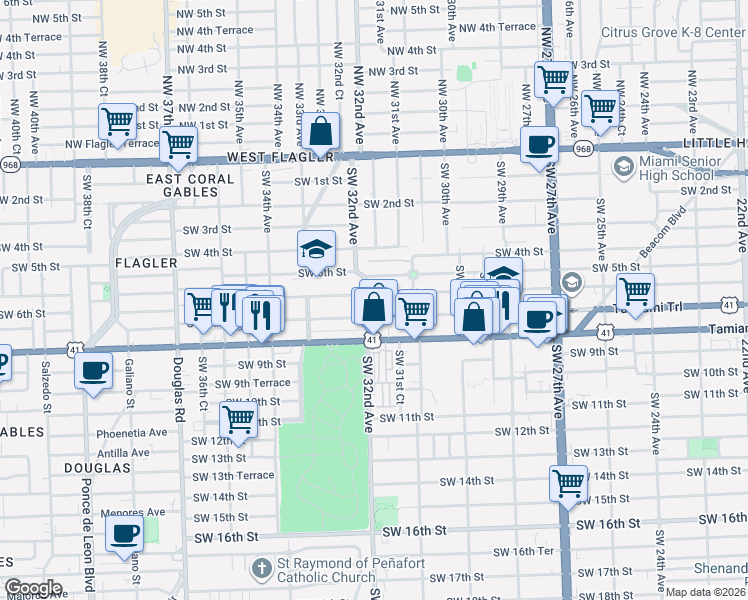 map of restaurants, bars, coffee shops, grocery stores, and more near 591 Southwest 32nd Avenue in Miami